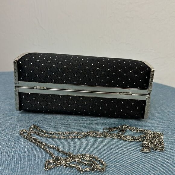 Black Evening Satin Rhinestones Beaded Purse With Chain - Picture 4 of 12
